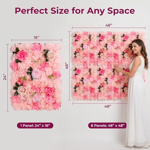 BloomTrend 3D Flower Wall Backdrop 6 Pack, 24x16 Inch Soft Pink Artificial Rose Panels for Wedding, Party, Photo Studio, Home & Fence Decor — view 3