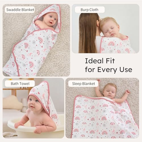 Image of Baby Girl Bath Towels for Newborn, 100% Cotton Hooded Baby Towels for Infant Toddler, 2 Pack Bath Towels with Hood for Kids, 32x32 Inch Soft & Absorbent Knit Terry Bath Essentials Pink Rainbow