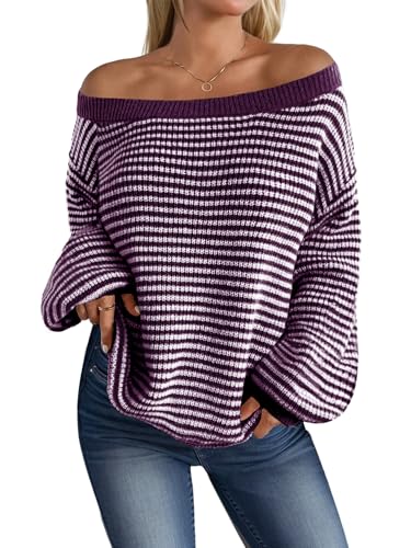 Image of MARZXIN Women's 2026 Fall Long Sleeve Sweaters Casual Loose Striped Off Shoulder Casual Oversized Knitted Sweater Pullovers