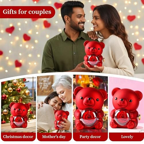 Image of Kidology Teddy Bear with Preserved Rose | Forever Flower Bear with Hidden Jewellery Box | Elegant Gift Box for Women, Romantic Gift for Valentine's Day (Without Necklace) (Red)