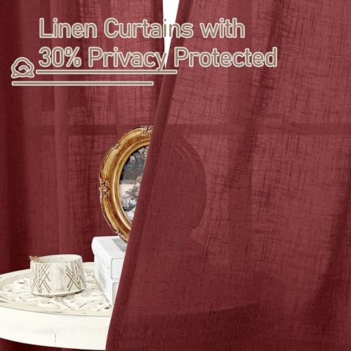 Image of LAMIT Sheer Linen Curtains 63 Inch Length for Bedroom, Light Filtering Christmas Decor Panels Bronze Grommet Linen Textured Drapes for Living Room /Farmhouse, 2 Panels Set, 52 x 63 Inch, Burgundy Red
