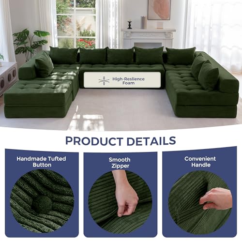 Image of MAXYOYO Modular Sectional Sofa Couch, Foldable Oversized U Shaped Cloud Couch with Pillows, Tufted Boneless Lounger Floor Sofa Bed for Living Room, No Assembly Required, Dark Green