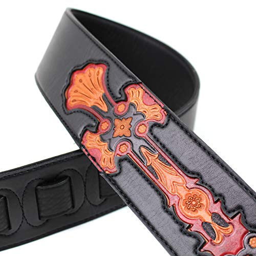 Walker & Williams CVG-23-BB Sangle de guitare en cuir Noir/rouge Motif croix - Les Beatles, Paul McCartney, John Lennon, RIngo Starr, George Harrison Walker & Williams CVG-23-BB Sangle de guitare en cuir Noir/rouge Motif croix – Image 4