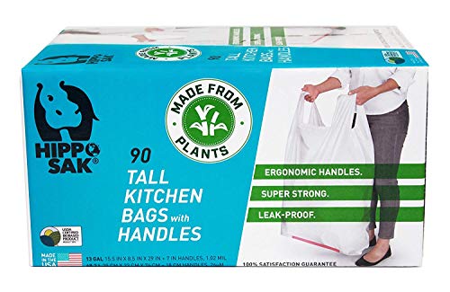 Hippo Sak - Plant Based Tall Kitchen Garbage Bags with Ergonomic Handles - 13 Gallon Trash Bags - Recyclable & Eco Friendly - Super Strong and Leak Proof Tall Kitchen Trash Bags (90 Count)