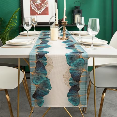 Kiatuniya Chemin de Table Doré Vert Ginkgo Biloba Décoration Turquoise Lavable Moderne Décoration de Cuisine Chemin Table pour Mariage Vacances Salon Fête 33 x 183cm