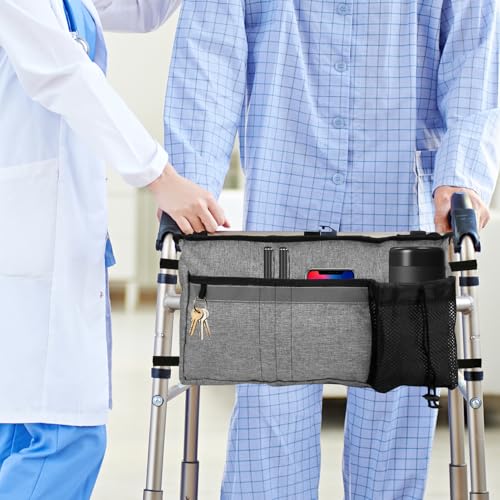Große Walker Tasche mit Getränkehalter für Gehhilfen Gehgestell Rollator,Freihändige Klapp-Walker Korb Organizer Sack für Senioren .Einfacher Zugang zu Reißverschlusstasche Grau