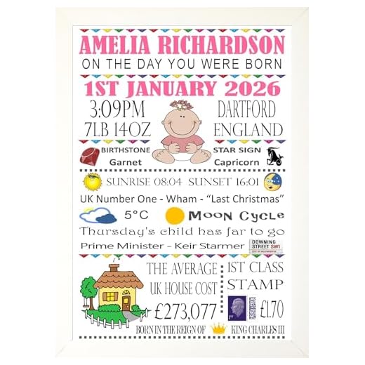 Personalised Word Art A4 On The Day You Were Born Girls or Boys Nursery New Born Baby Christening Birthday Memories Print Gift Keepsake Sold As Print Only or in a Choice of Frames