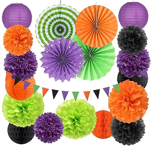 Image of Black Purple Orange-Green Halloween Party-Decorations - 20pcs Paper Lanterns Fans,Tissue Pom Poms,Honeycomb Balls,Hotel Transylvania Hocus Pocus Birthday Baby Bridal Shower Wedding Decor Burgleda