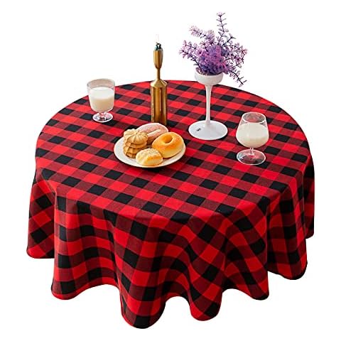 DEDEMCO Black and Red Checkered Round Tablecloth,Waterproof Stain and Wrinkle Resistant Washable Fabric Table Cloth Buffalo Plaid Tablecloth,Cotton Linen Table Cover for Kitchen Home Party Decor Cover