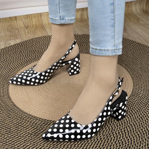 Pointy Closed Toe Patent Leather Slingback Pumps for Women Comfortable 2.3 Inch Low Block Backless Heels for Wedding Party Prom Black Dress Shoes with White Spots2