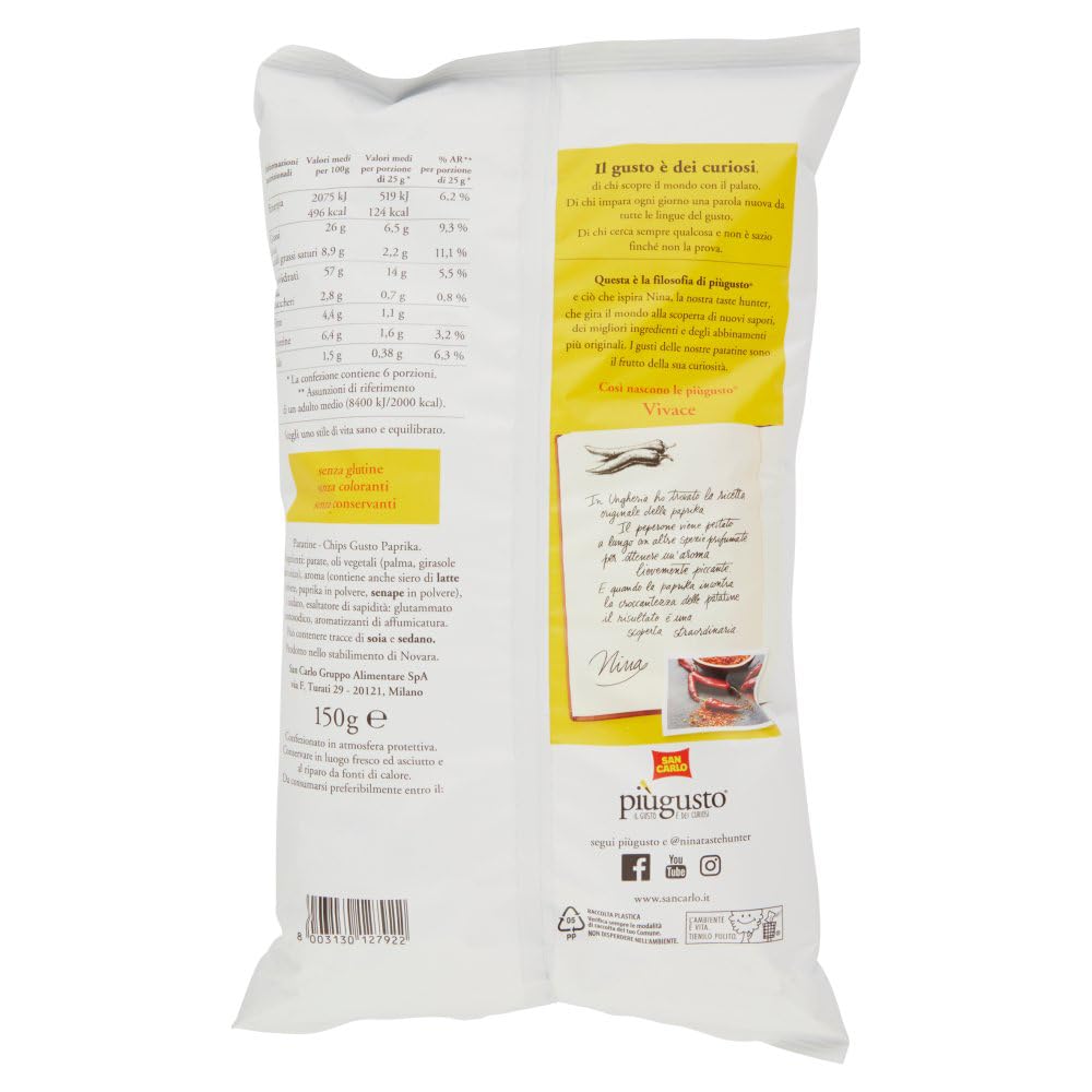 6 paquetes de prueba San Carlo Patatine, pimiento vivo, 3 x 150 g + Rustica 3 x 300 g – Bolsa para patatas fritas + llavero Beni Culinari gratis