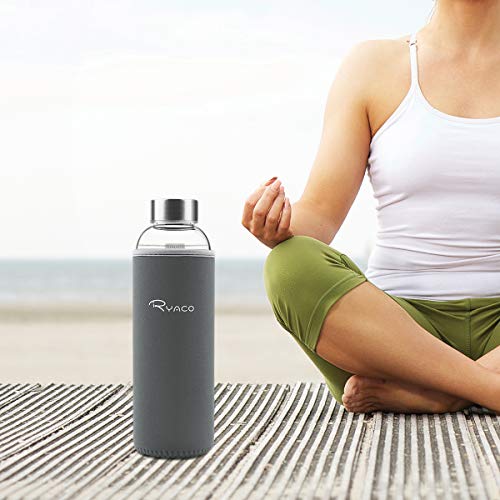 Image of Ryaco 550ml /18oz Water Bottle, Portable Glass Water Bottle with Sleeve for Hot and Cold Drinks, BPA Free, Glass Bottle with Sponge Brush, Dishwasher Safe