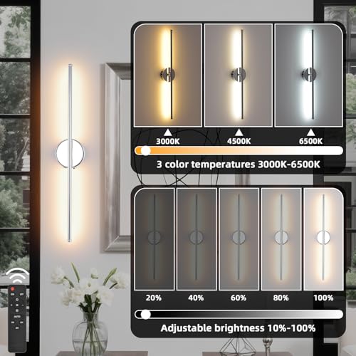 Image of Battery Operated wall Sconce Set of 2, Chrome 27.5 inch LED USB Rechargeable dimmable wall Sconce with Remote Control, Rotate 350 for Living Room, Bedroom, Hallway and scones Lighting