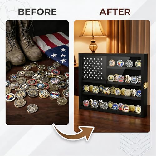 Image of TJ.MOREE Challenge Coin Display Case for Collection Wall Mount Black Wood | 13x15.8inches, American Flag Design & Hidden Storage Compartment