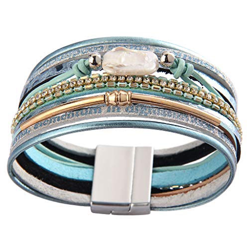 Azora Baroque Pearl Leather Cuff Bracelet For Women Multi-Layer Leather Wrap Bracelet Magnetic Clasp Cuff Bangle Jewelry Bracelets For Girls Teens Christmas Gift #TOP2