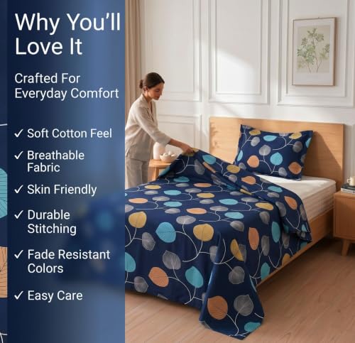 Image of BSB HOME 210 TC Cotton Feel Single Bedsheet with 1 Pillow Cover, Soft & Breathable Floral Printed Bed Sheet, Fade Resistant, Bedding for Home & Bedroom, 60 x 90 Inches (152 x 229 cm) (Deep Indigo)