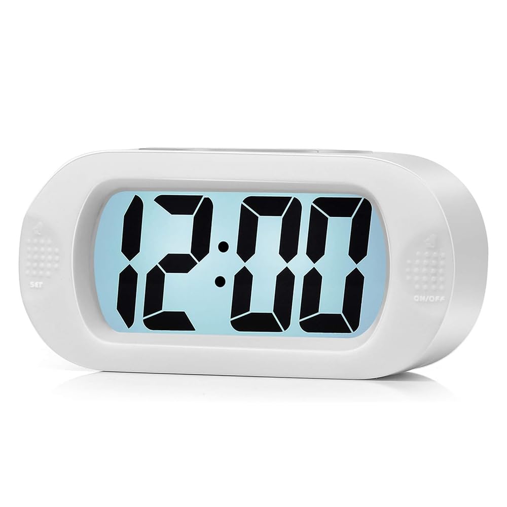 LCD Digital Alarm Clock Large Display – Battery Operated – 12-Hour Format, 8-Min Snooze, 5-Sec Backlight, Ascending Alarm, Soft Silicone Case - Easy Setup (Arctic White)
