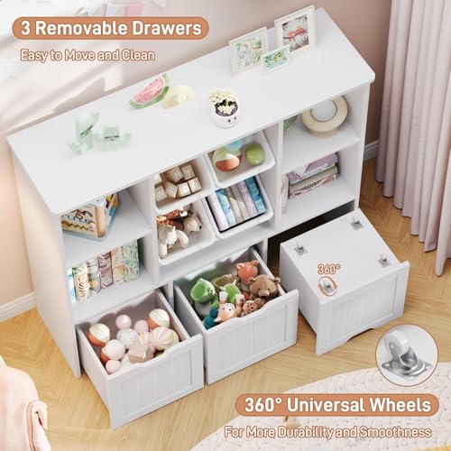 Image of Toy Storage Organizer with 4 Toy Bins, Toy Organizer Kids Bookshelf with 3 Movable Drawers and 4 Open Cubbies, Toy Bins for Kids Organizer Playroom Storage for Living Room with Hidden Wheels, White