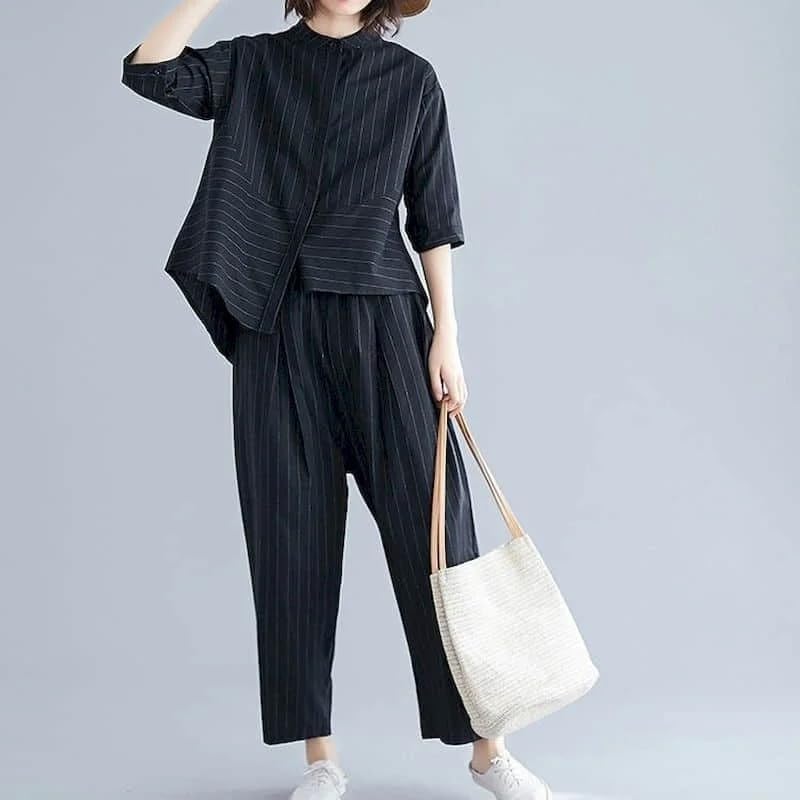 Women Striped Two Piece Set Shirt Pants Casual Everyday Outfit