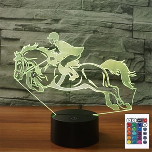 FLRXHK Horseback Riding 3D Illusion Night Light Touch Table Desk Lamp with Remote Control 16 Colors Optical USB LED Night Light for Kids Gift Room Decoration