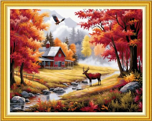 Image of Funxvoot Stamped Cross Stitch Kits Beginners Full Range of Embroidery Kits for Adults 11CT Embroidery Patterns Needlepoint Kits Printed Cross Stitch Kits-Deep Autumn Scenery 16x20 inch