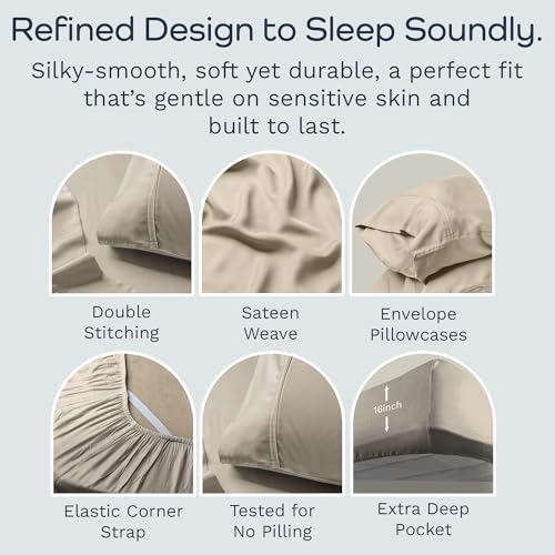 Image of Olive + Crate Tencel Lyocell Eucalyptus Twin Sheets Set - Extra Long Sheet Set - Cooling Tencel Sheets for Hot Sleepers with 16 Inch Deep Pocket Fit - Beige 3-Piece Set