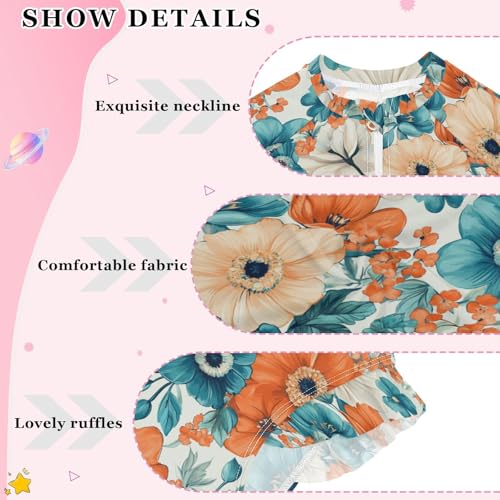 Girls Swimsuit Long Sleeve Bohemian Flowers Turquoise Coral Rashguard Swimsuits for Girls Kids Bathing Suit4