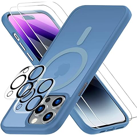 Huffii Compatible with iPhone 14 Pro Max Phone Case [for MagSafe] [2X Screen + 2X Camera Lens Protector] Translucent Matte Cover,Light Blue Cover