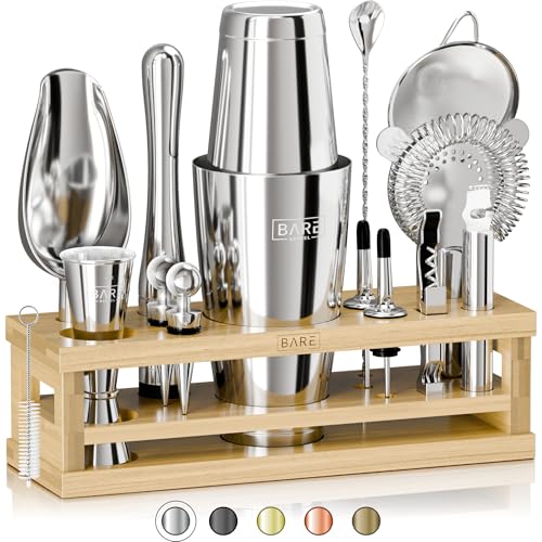 BARE BARREL Cocktail Making Kit | 16-Piece Bartender Kit Cocktail Shaker Set Maker | Bamboo Display Stand & 35 Recipe Cards | Mixology Cocktail Gift Set (800ml/28oz Boston Shaker Silver/Natural)