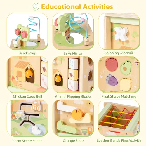 Image of ROBOTIME Wooden Activity Cube with Bear Orchard Theme, 9-in-1 Montessori Toys for 12M+ Boys & Girls, Educational Learning Toys for Toddlers Age 1-3, 1st Birthday Gift