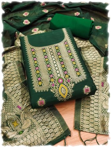 Image of Chanderi Suit Vol 5 | Pure Chanderi Banarasi Silk (3m) | Soft Cotton Bottom (2.5m) | Woven Chanderi Banarasi Silk Dupatta (2.3m) with Tassels, Unstitched Material, Fits up to 60 inch, Length 48