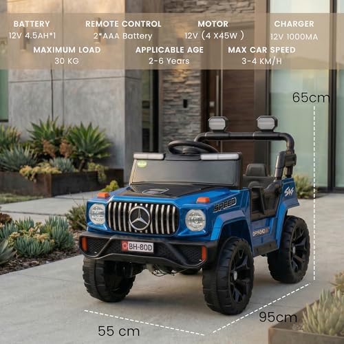 Image of Baybee Zenvor Battery Operated Jeep for Kids with Parental Remote Control | Kids Electric Battery Car with 4x4 Motors, RGB Lights & Music | Rechargeable Electric Car for Kid Aged 2-6 Years (Blue)