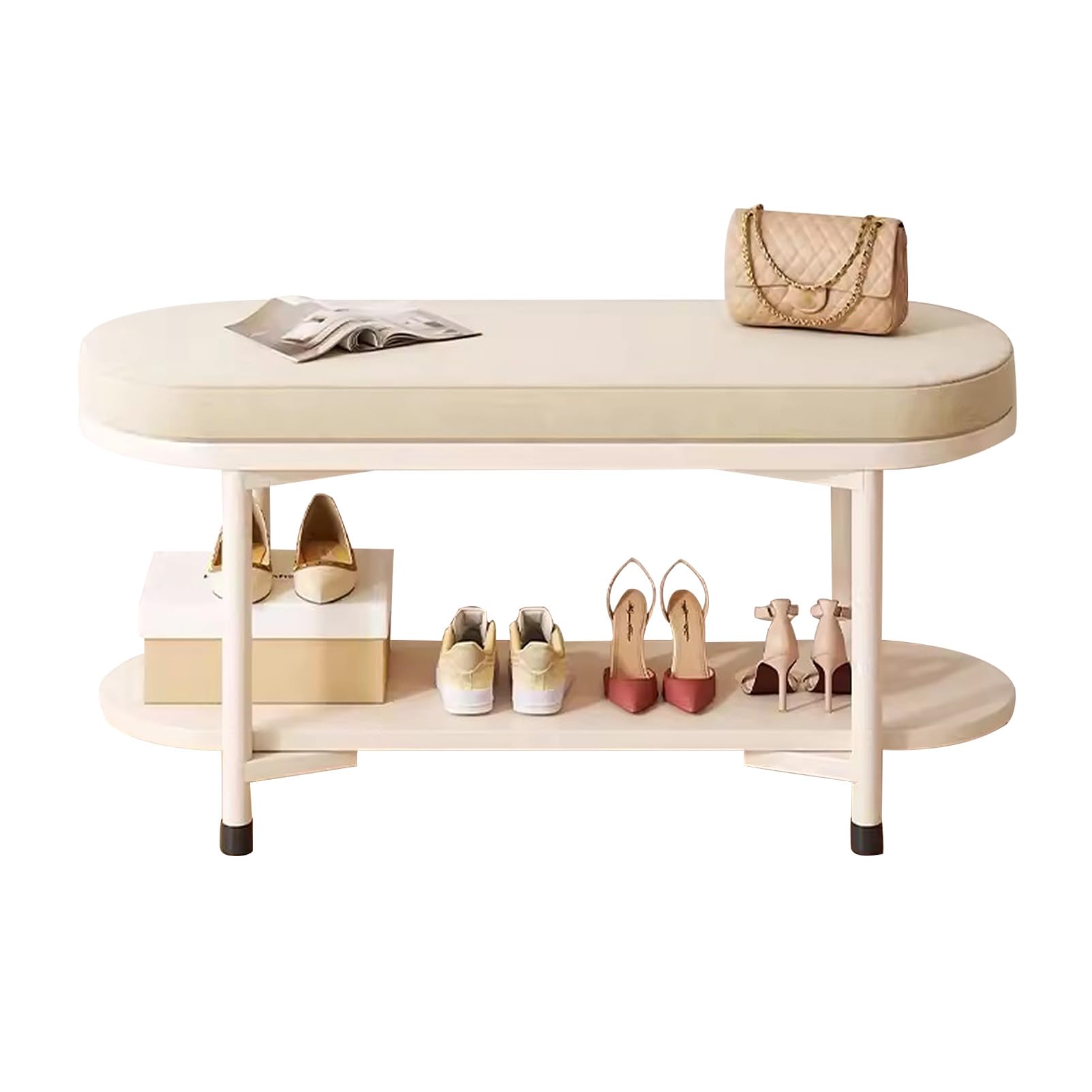 Banc à chaussures rustique en métal et cuir synthétique à deux niveaux