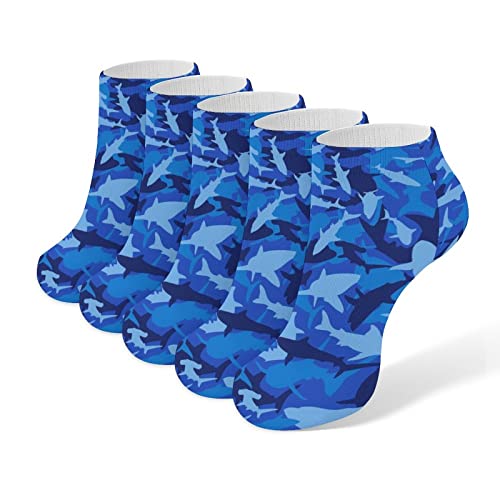 Blue Camo Shark Low Cut Ankle Socks No Show Short Athletic for Men 5 Pairs