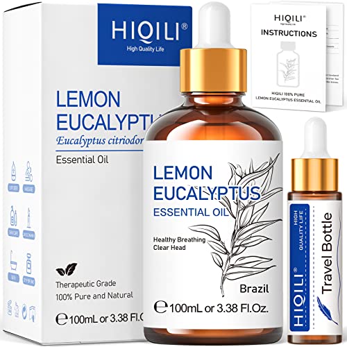 HIQILI Aceite Esencial de Eucalipto Limón 100 ml - 100% Natural y Puro, Premium - Aceite Pelo - para Humidificador, Aromaterapia, Difusor, Cuidado del Cabello, Masaje, Regalos Perfectos, 3.38 Fl. Oz