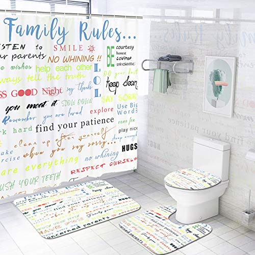 4 Pcs Family Rules Educational Shower Curtain Set with Non-Slip Rug, Toilet Lid