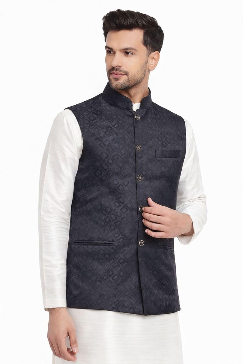 Men's Nehru Jacket, Magenta Silk Blend, Jacquard Regular Fit Mandarin Collar Long Sleeves
