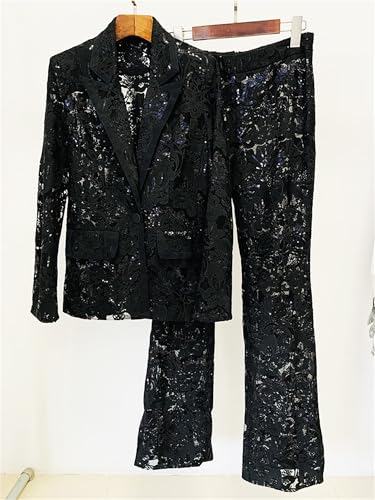 Women's 2024 2 Pieces Suit Set Single Button Guipure Lace Sequined Blazer Jacket Pants Suit Outfit2