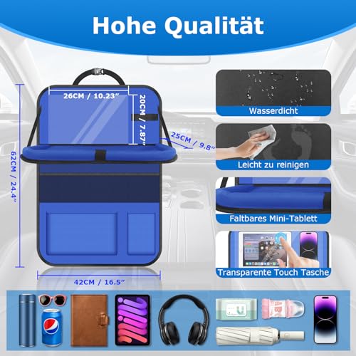 Image of Car Organiser, Pack of 2 Car Seat Organiser, Large Backrest Protection, Car, Children, Multifunctional, Waterproof, Back Seat Organiser with Folding Table, Tablet Bag and Many Pockets, Blue