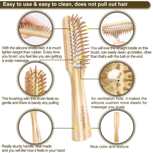Hair Brush Set For Women & Men, Natural Bamboo Bristles Wet Dry Flat Paddle Detangling Bamboo Brushes Fit All Types Hair, Brush Cleaner Tool Included - 3 Pack #TOP3