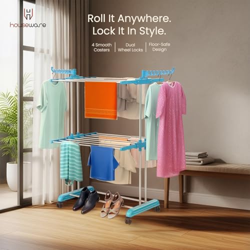 Image of H Houseware Heavy Duty Stainless Steel 2 Tier Cloth Drying Stand with Wheels | Double Pole Clothes Dryer & Laundry Rack | 43.18D x 73.66W x 115.82H cm | Rustproof & Portable (Blue)