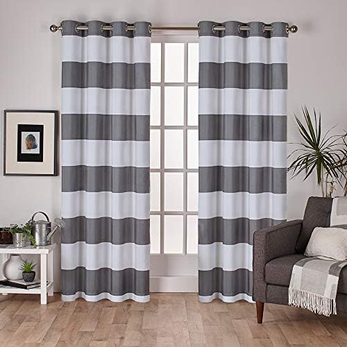 Exclusive Home Surfside Cabana Stripe Cotton-Rich Grommet Top Light Filtering Curtain Panel Pair, 54"x96", Black Pearl