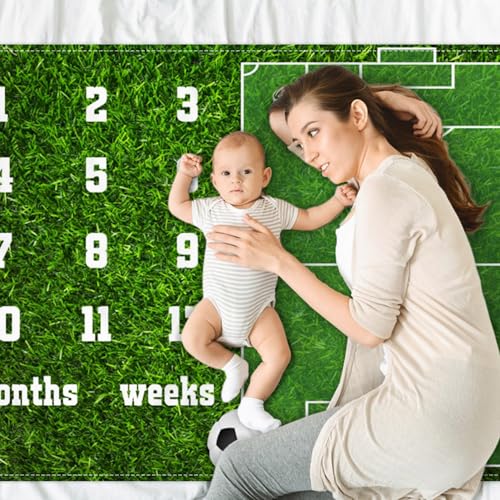 Image of Soccer Theme Baby Monthly Milestone Blanket Football Sports Nursery Decor Photography Background Newborn Growth Record Prop 60 inchx40 inch with Frames