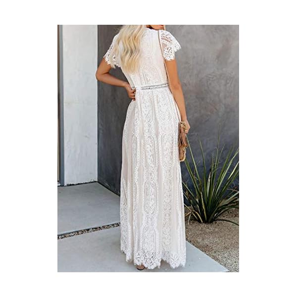 BLENCOT Womens Casual Floral Lace Deep V Neck Short Sleeve Long Evening Dress Cocktail Party Maxi Wedding Dresses Bohemian Flowy Boho Dress White Medium