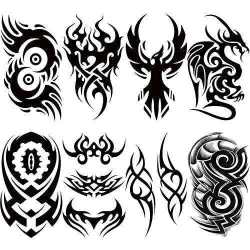 Briyhose Tribal Temporary Tattoo For Men Adult, Black Large Totem Tribal Fake Tattoo Men, Long Lasting Waterproof Big Temp Tatoo Sticker Boy Teen Chest Half Arm Body Art Makeup, 8-Sheet