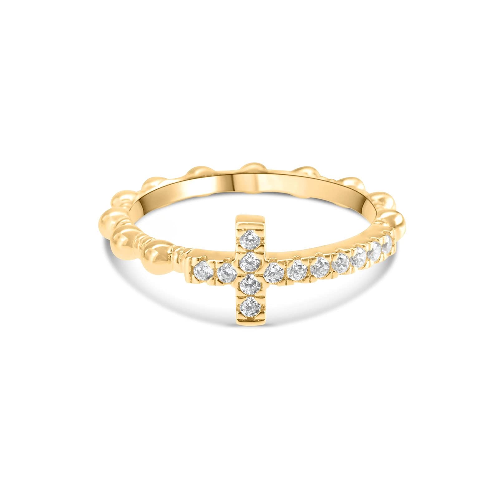 Ring Kreuz Rosenkranz Damen aus 925er Silber 18 Karat vergoldet mit Zirkonia -
