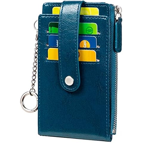 Credit Card Holder for Women - Huztencor RFID Small Wallet Women Slim - Multi Zipper Card Case with Keychain Blue Cover