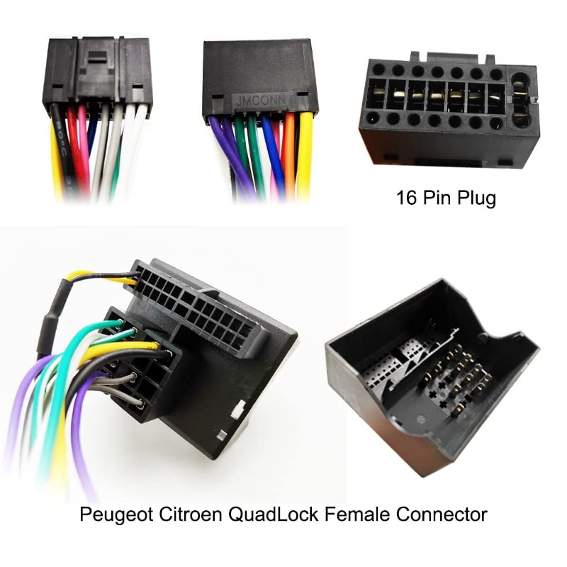 Close-up of 16-pin plug and Peugeot Citroen Quadlock female connector