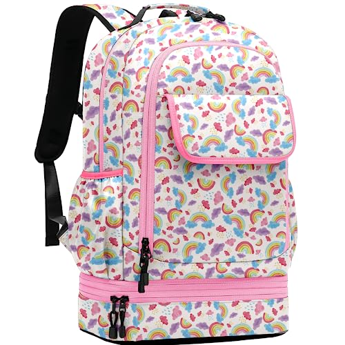 Image of Leaper Water-resistant Cute Rainbow Laptop Backpack Double Deck Lunch Bag Satchel Light Pink