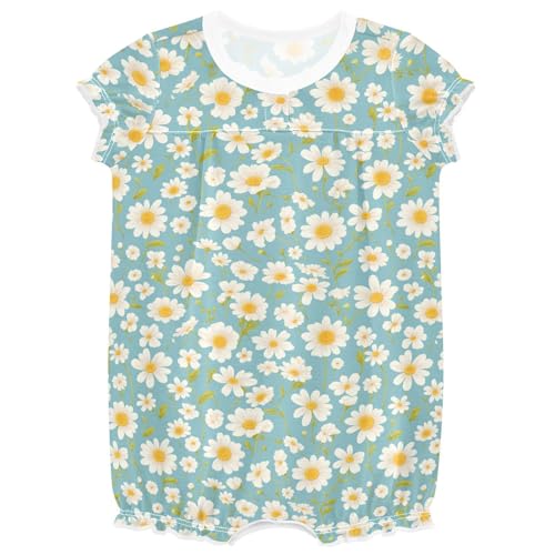 siphylline Mameluco de algodón con mangas con volantes para niña pequeña, 1 pieza, 3M, color azul y blanco con margaritas, Margarita azul y blanca, 24M